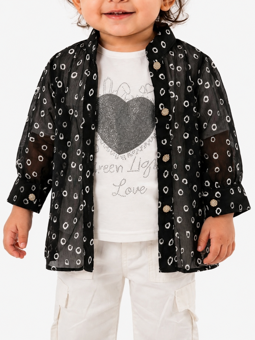 3-Piece Heart Print Set with Sheer Jacket for Baby Girl